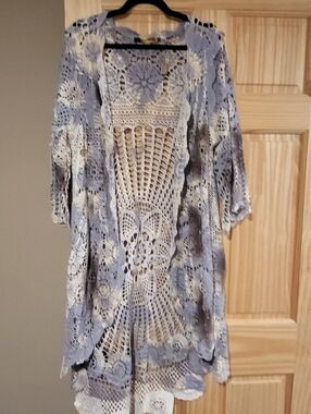 Crochet Openfront Duster Cardigan in Blue & Cream By Orgami